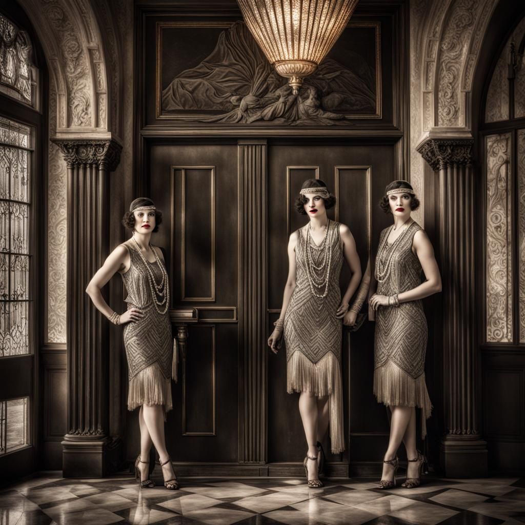 1920s Flappers in Palatial Entryway: Hyperrealistic Detail