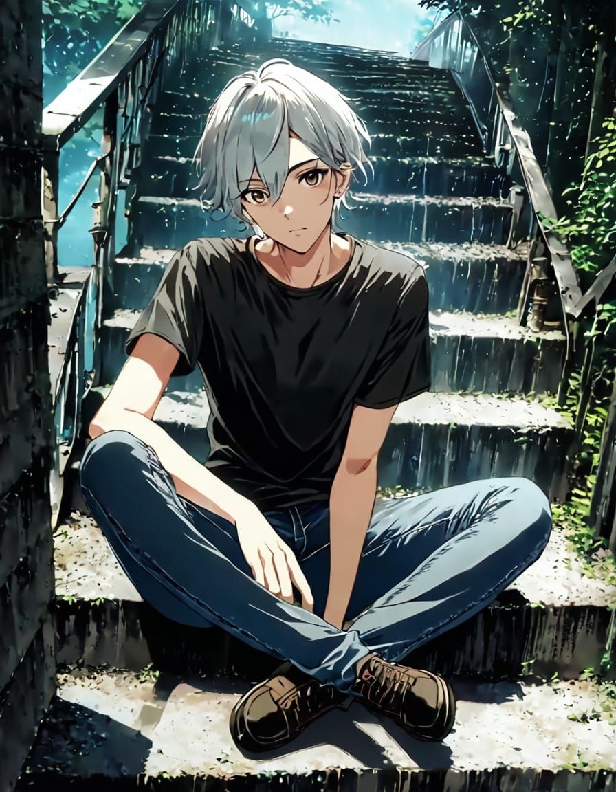Bishounen Boy Sits on Concrete Staircase with Trees and Clea...