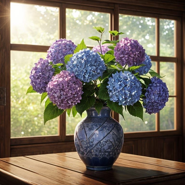 Detailed 3D Anime Hydrangeas in Vase