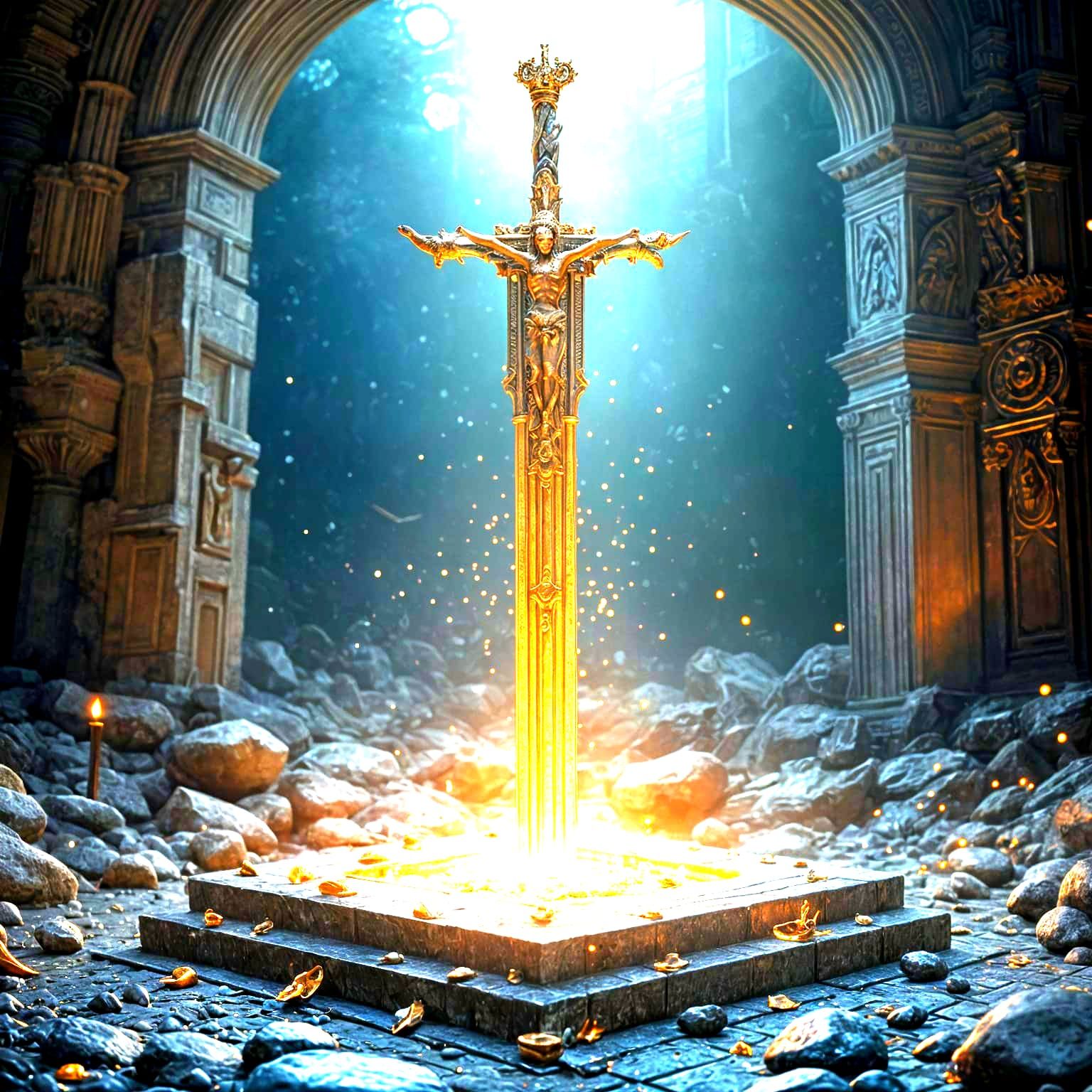 Ancient Sword on Altar: Detailed Matte Painting