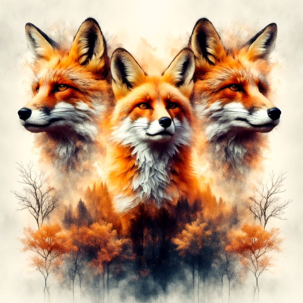Double Exposure Fox: Four Seasons in Golden Hour