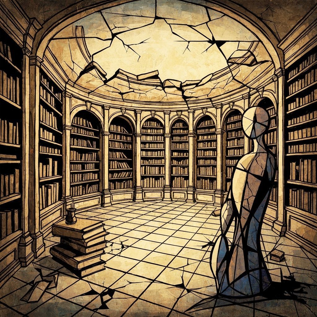 Cubist Library of Broken Knowledge with Abstract Figure