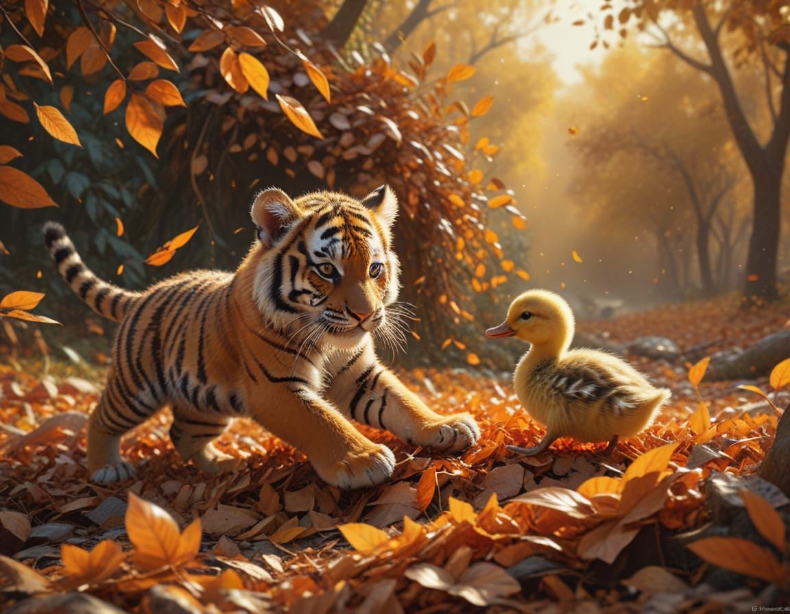 Tiger Cub Chasing Duckling in Autumn Leaves