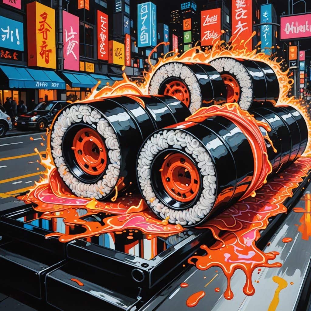 Neon Sushi Rolls Breakdancing in Graffiti Art Style