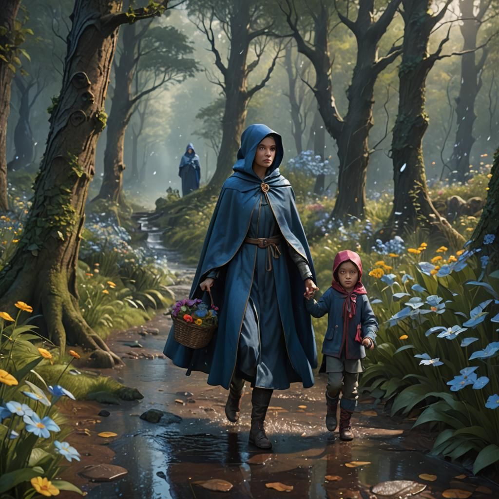 Woman and Child in Rainy Forest, Fantasy Concept Art