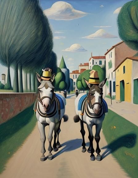 Two Donkeys on a Path: Surrealist Oil Painting