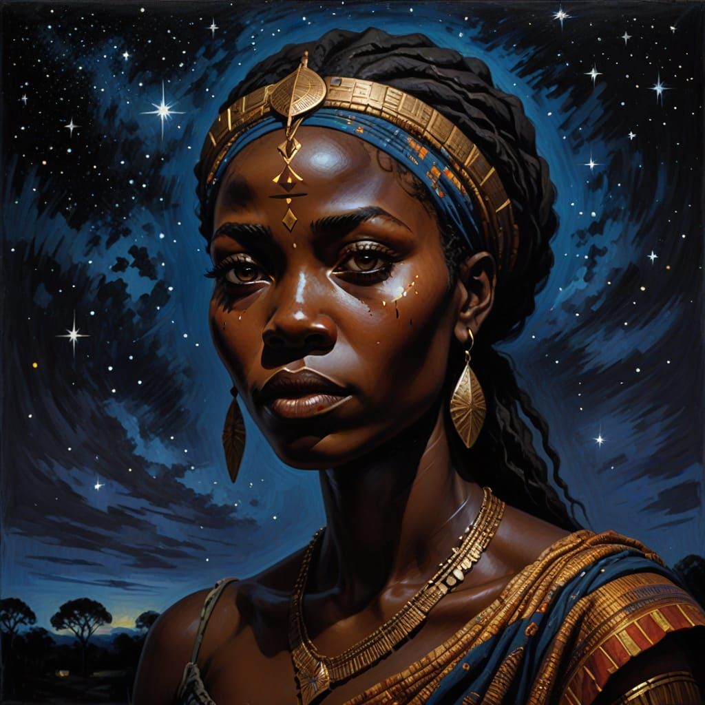 African Goddess Gazes Sadly at Starry Night Sky