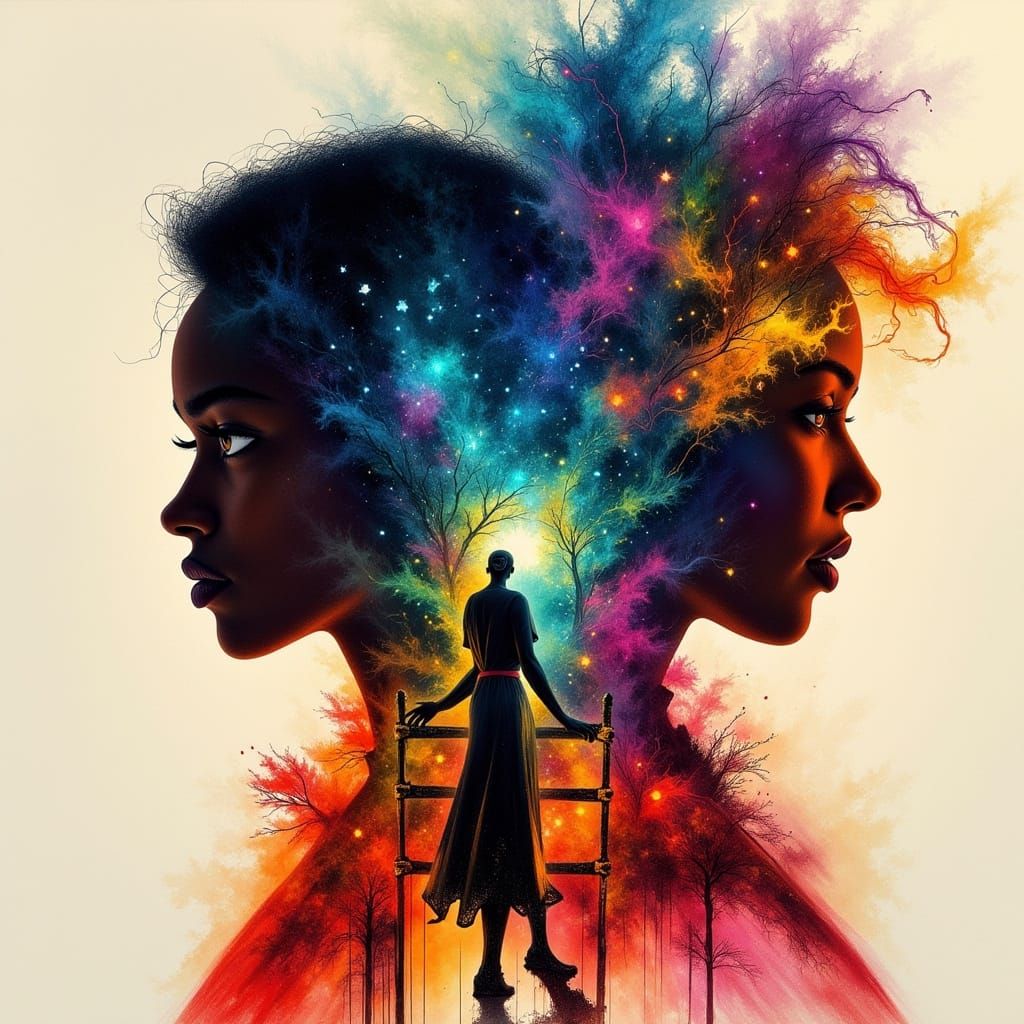 Double Exposure Pencil Sketch of African Faces