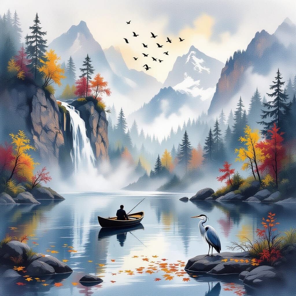 Misty Autumn Mountain Landscape with Waterfall and Heron