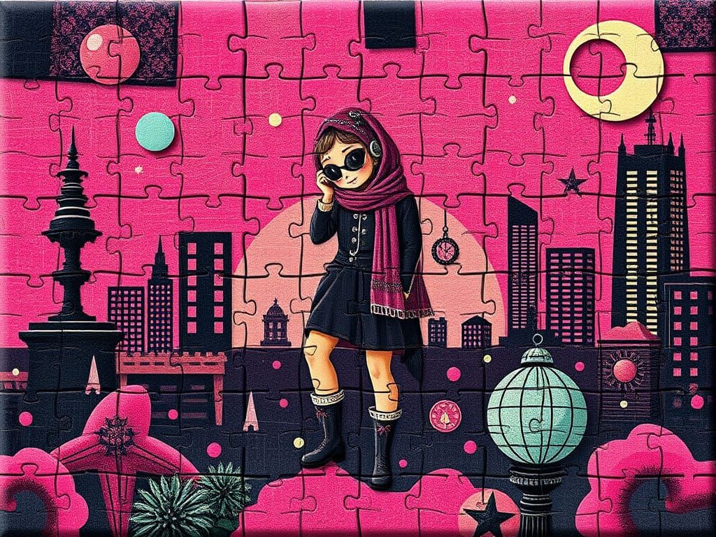 Whimsical Steampunk Puzzle in Retro Folk Art Style