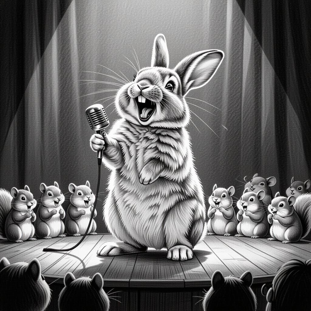 Rabbit Comedian in Pencil Sketch Style
