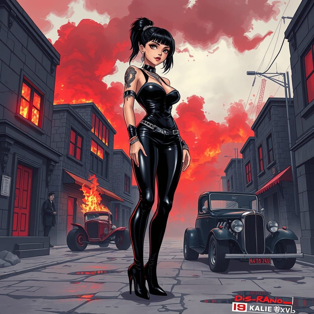 Sleek Domme in Latex Amidst Burning Cityscape in Anime Style