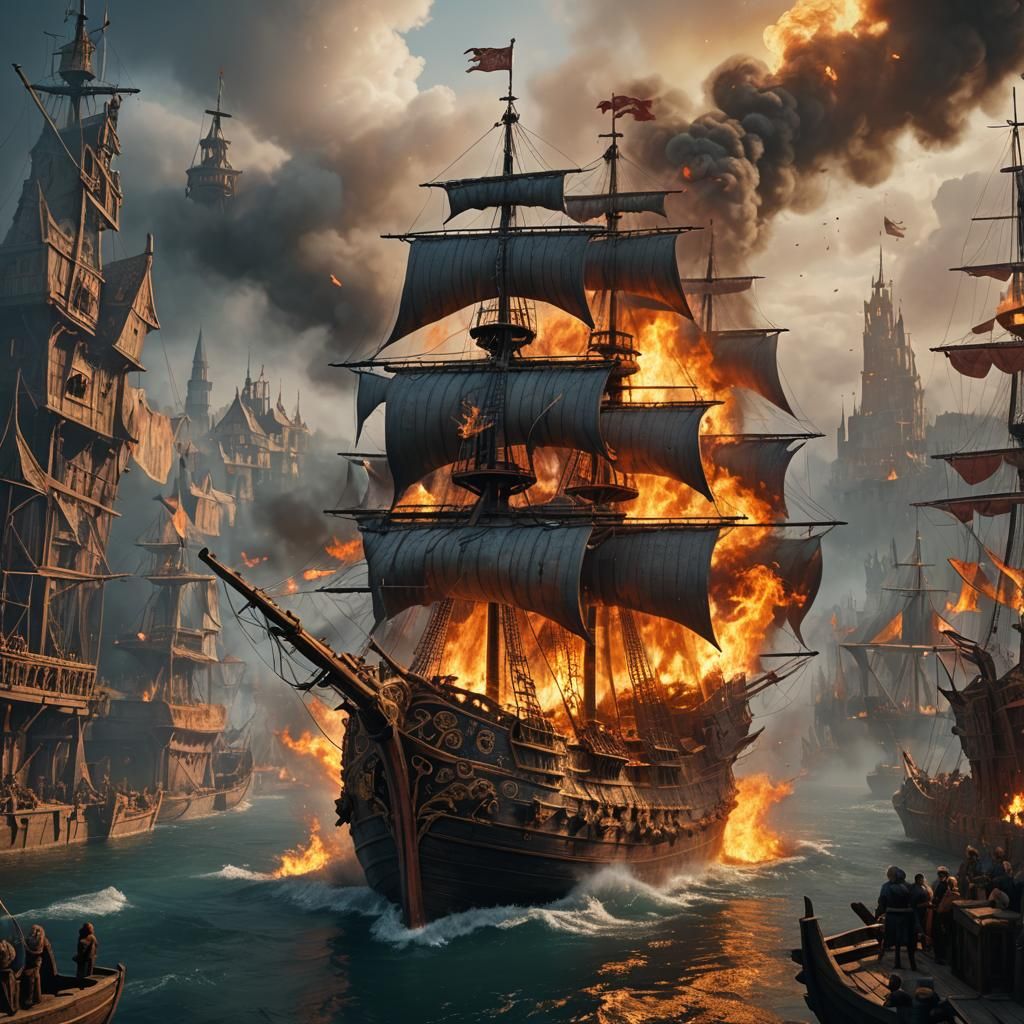 Medieval Warship Ablaze: Detailed Matte Painting