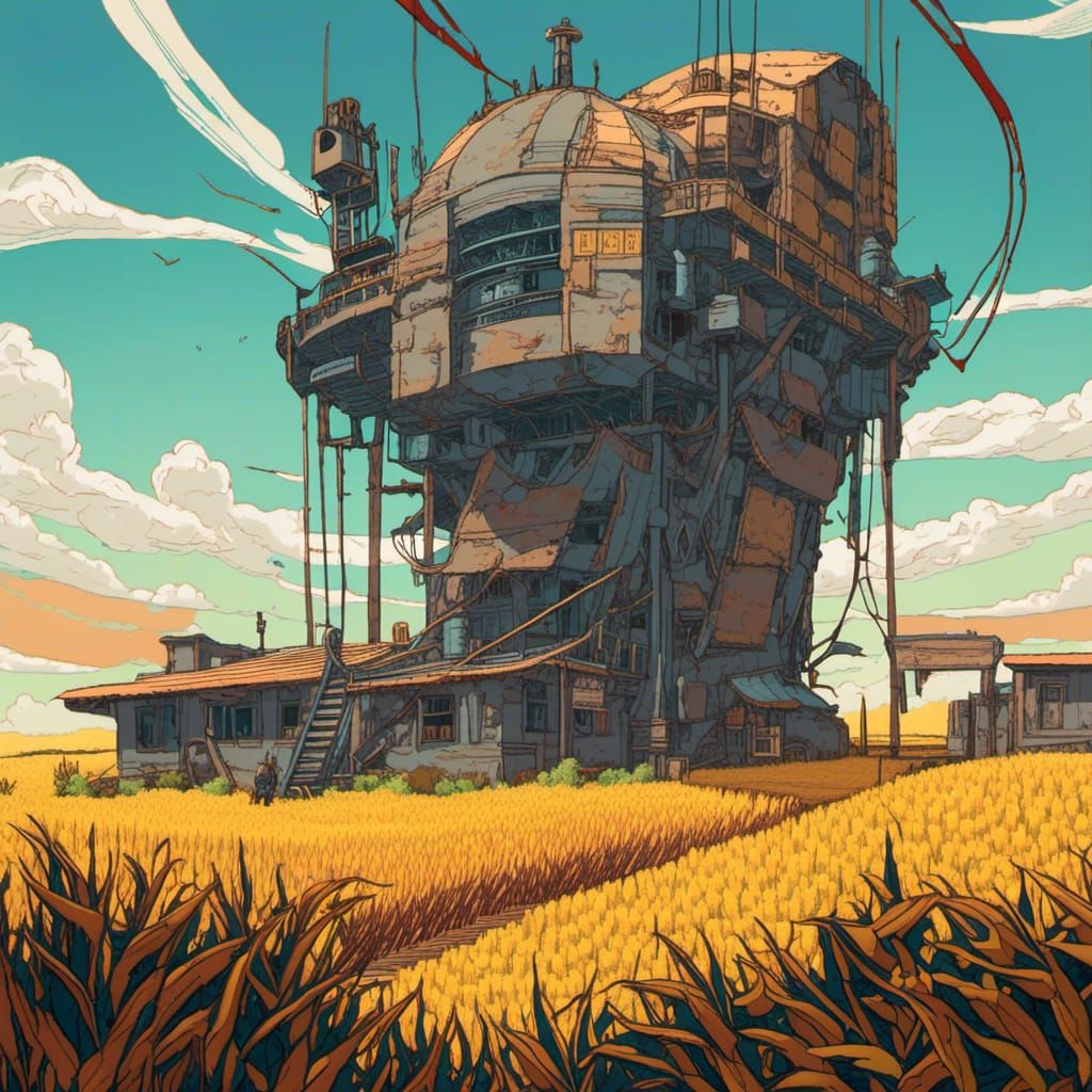 Cornfield Settlement in Moebius-Style Minimalism