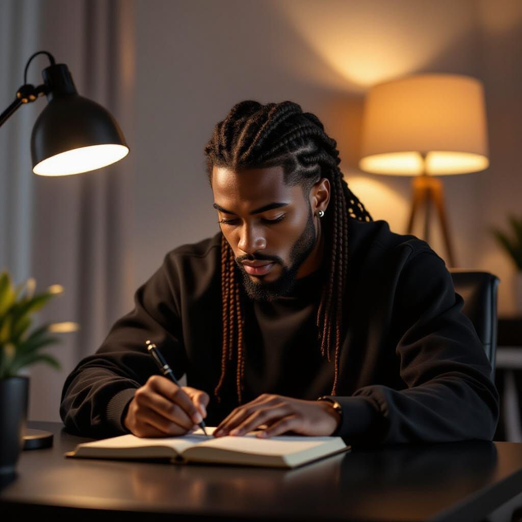 Black Man Writing Poem at Desk in Photorealistic Style