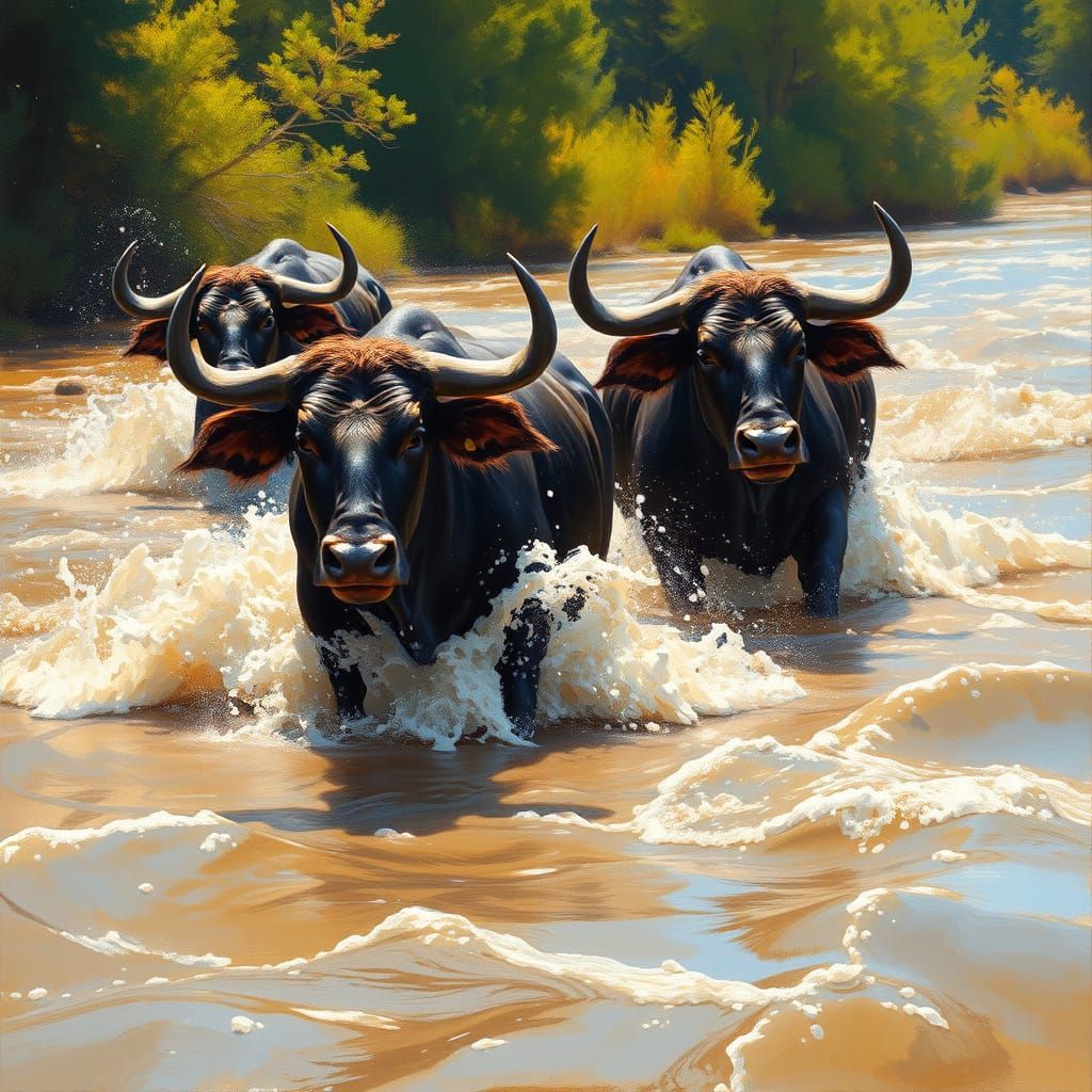 Bulls Charging Through a River in a Dynamic Oil Painting Sty...
