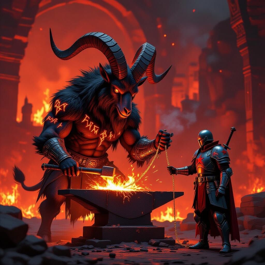 Demonic Goat Forging Sword in Hellscape