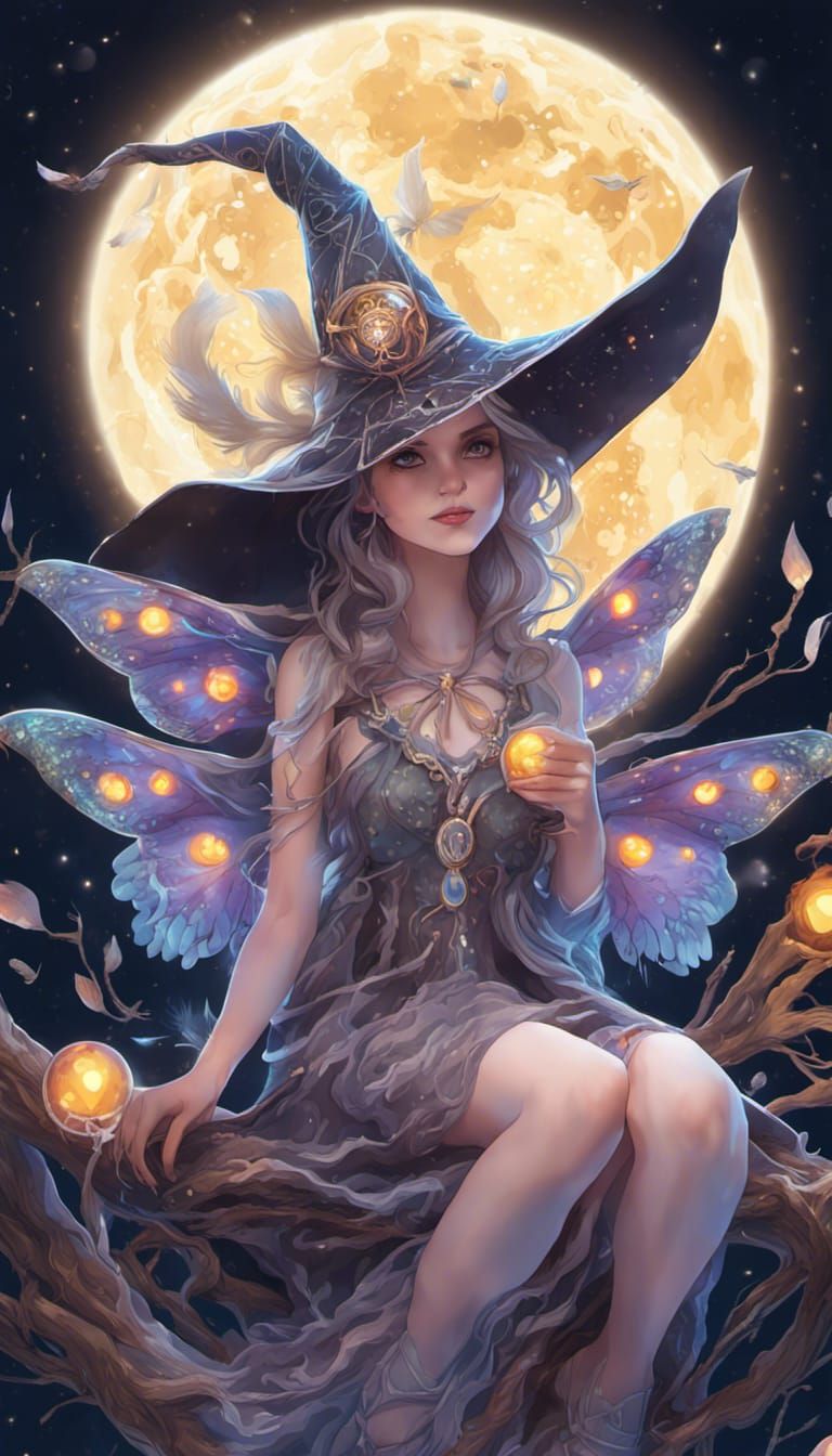 Enchanting Witch Rides Moon Moth Boat