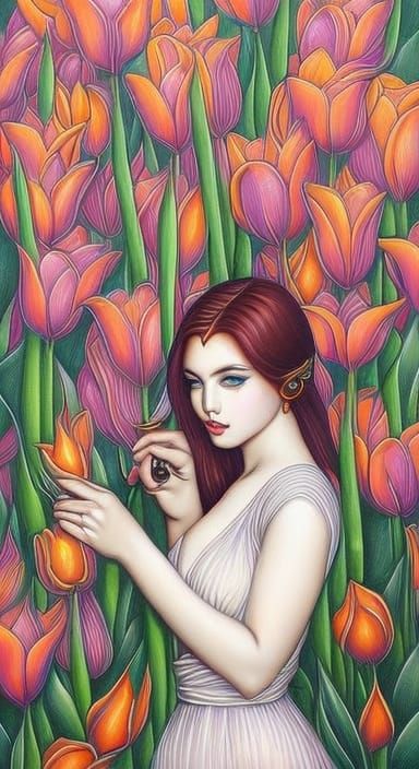 Redhead Yokai Waifu in Tulip Field Portrait