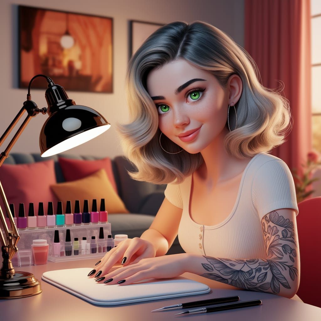 Cartoon Woman at Manicure Desk in Disney Style