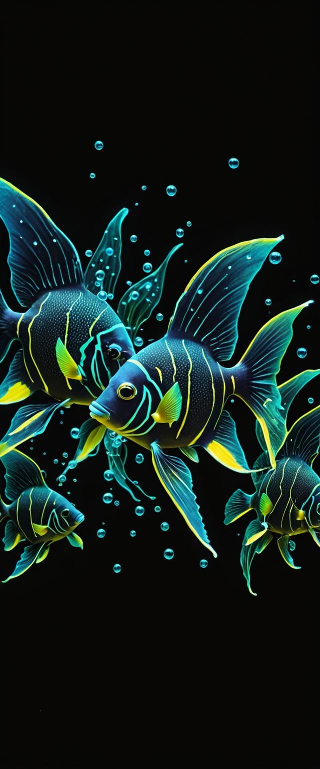 Bioluminescent Angel Fish in Bubbles