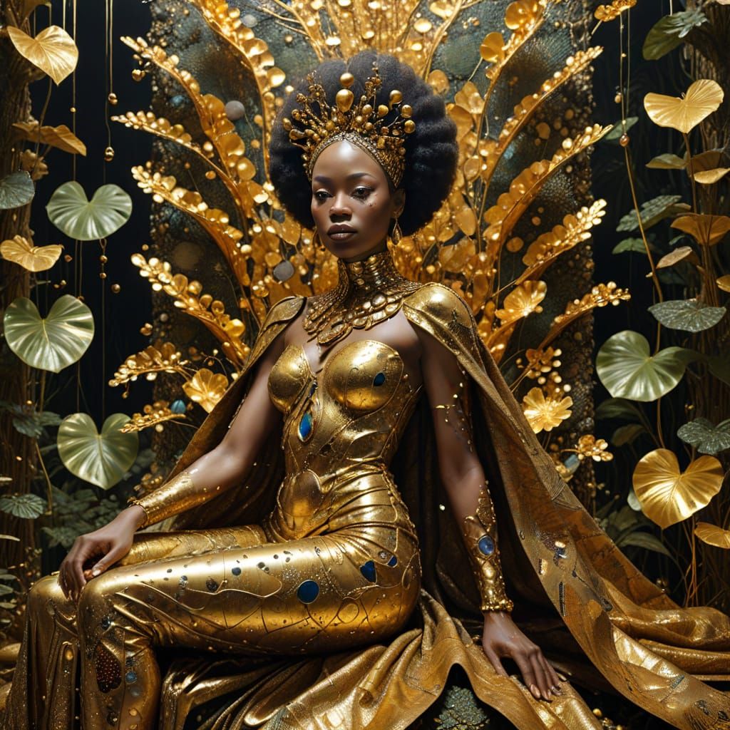 Regal Afrofuturist Queen in Throne Room