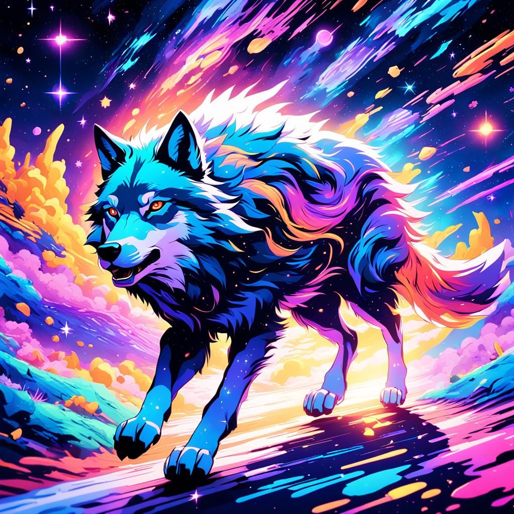 Cosmic Wolf Running Through Galaxy: 3D Anime Art