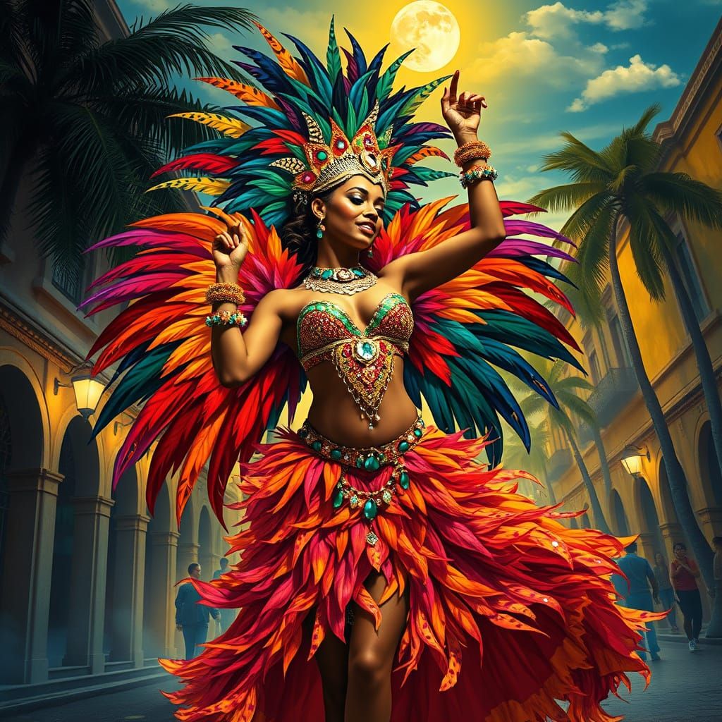 Vibrant Samba Dancer in Rio Carnival Moonlight