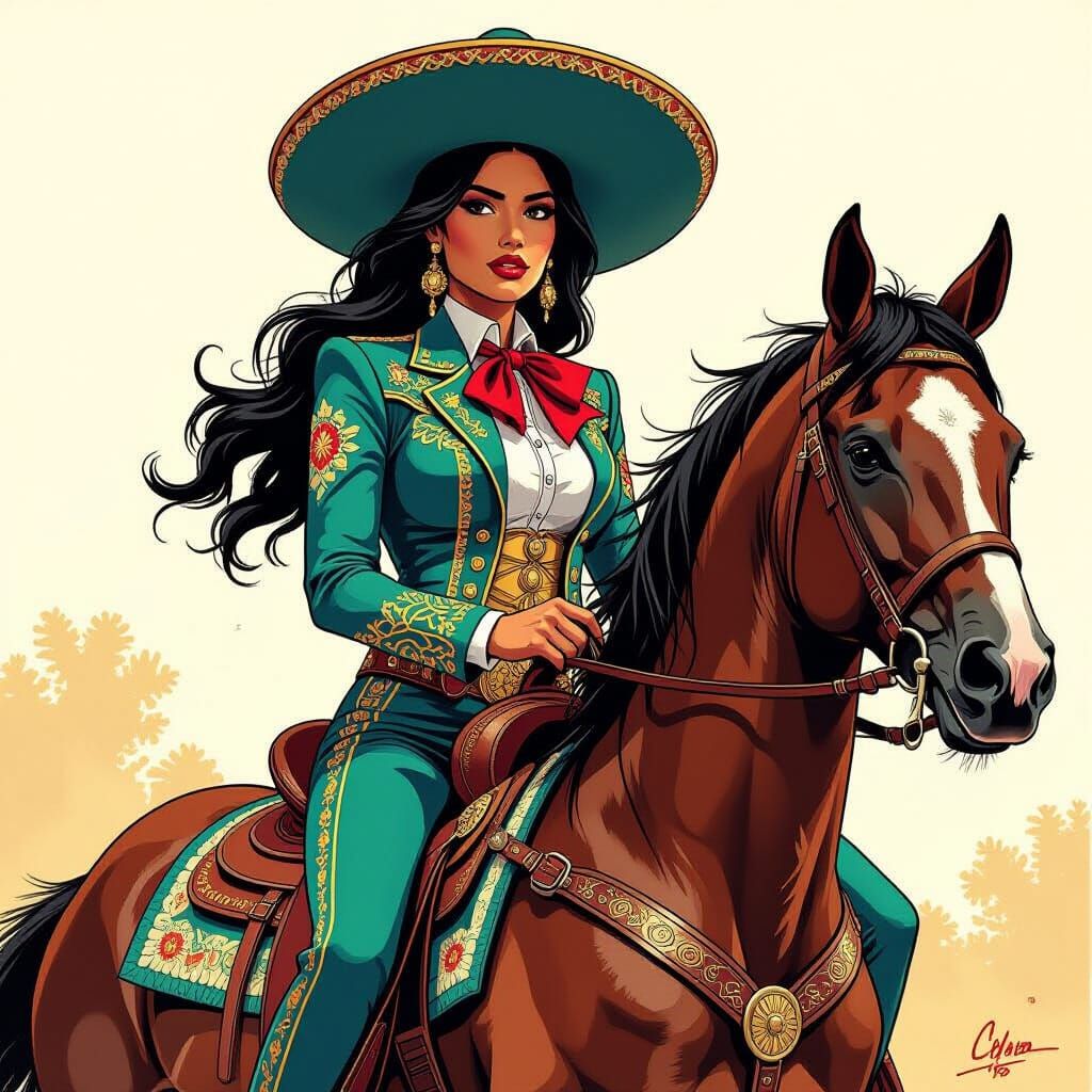 Mexican Woman in Charro Suit on Horseback