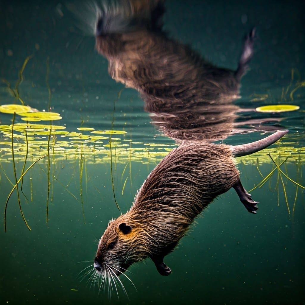 Underwater View of Diving Nutria in Lake