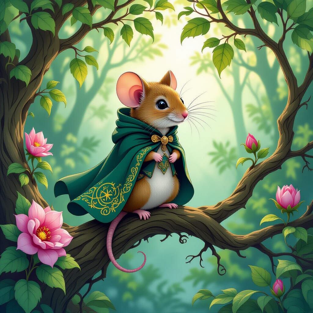 Mystical Mouse in Enchanted Forest, Art Nouveau Style