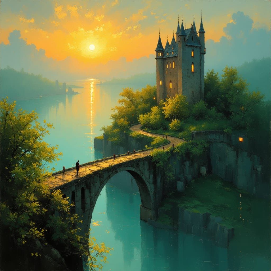 Gothic Castle on Misty Cliff with Stone Bridge