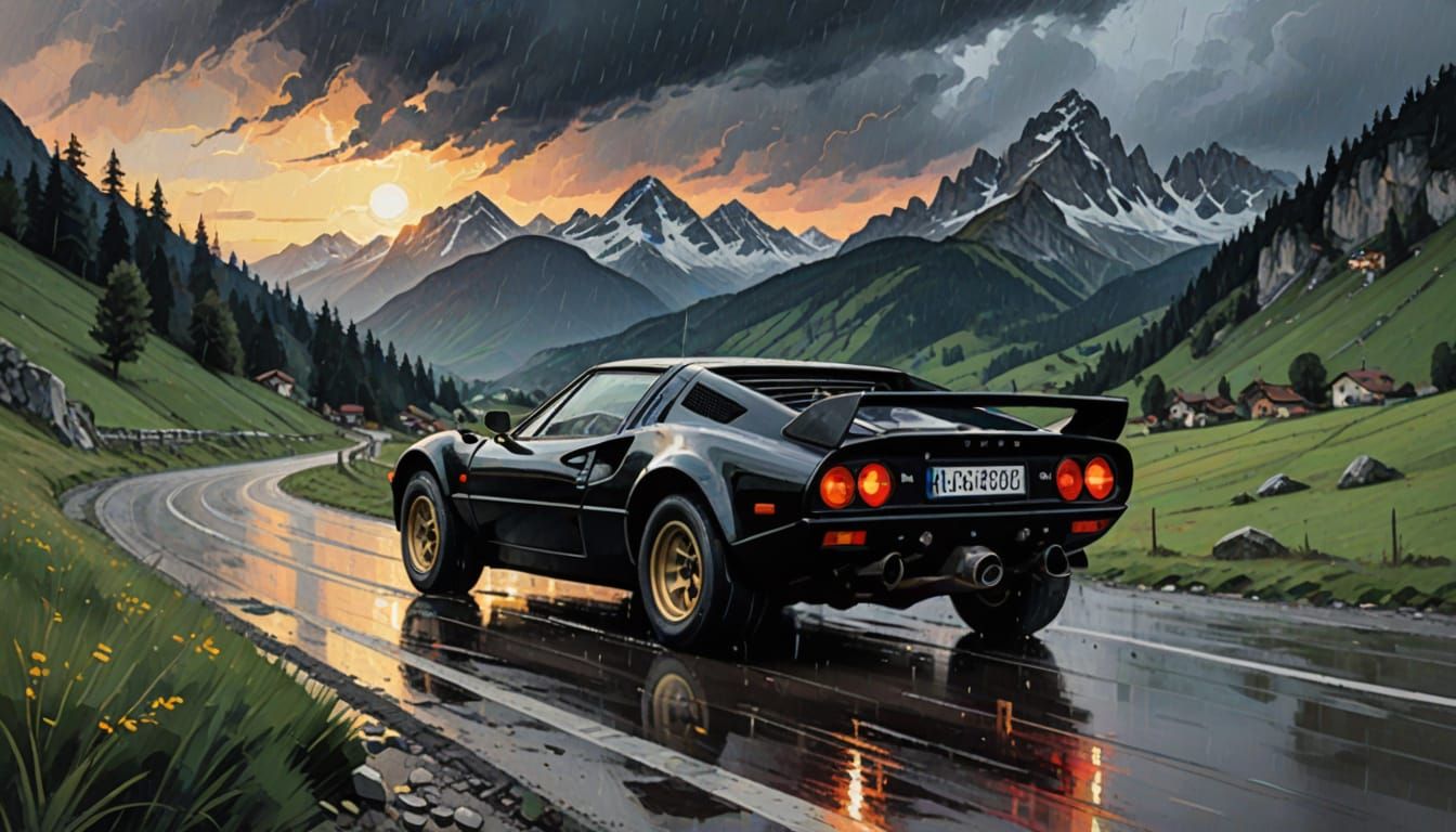 Lancia Stratos on Mountain Road in Expressionist Style