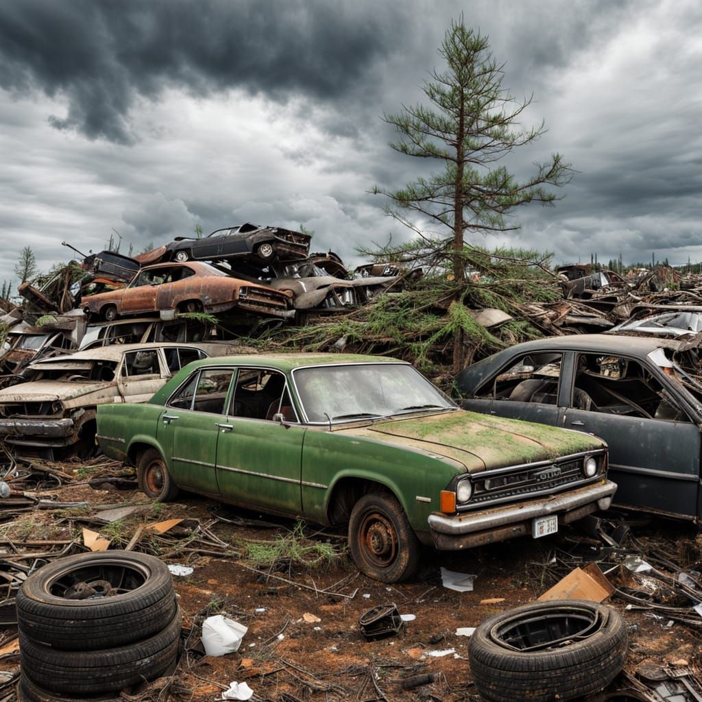 Resilient Pine Tree in Junkyard Landscape