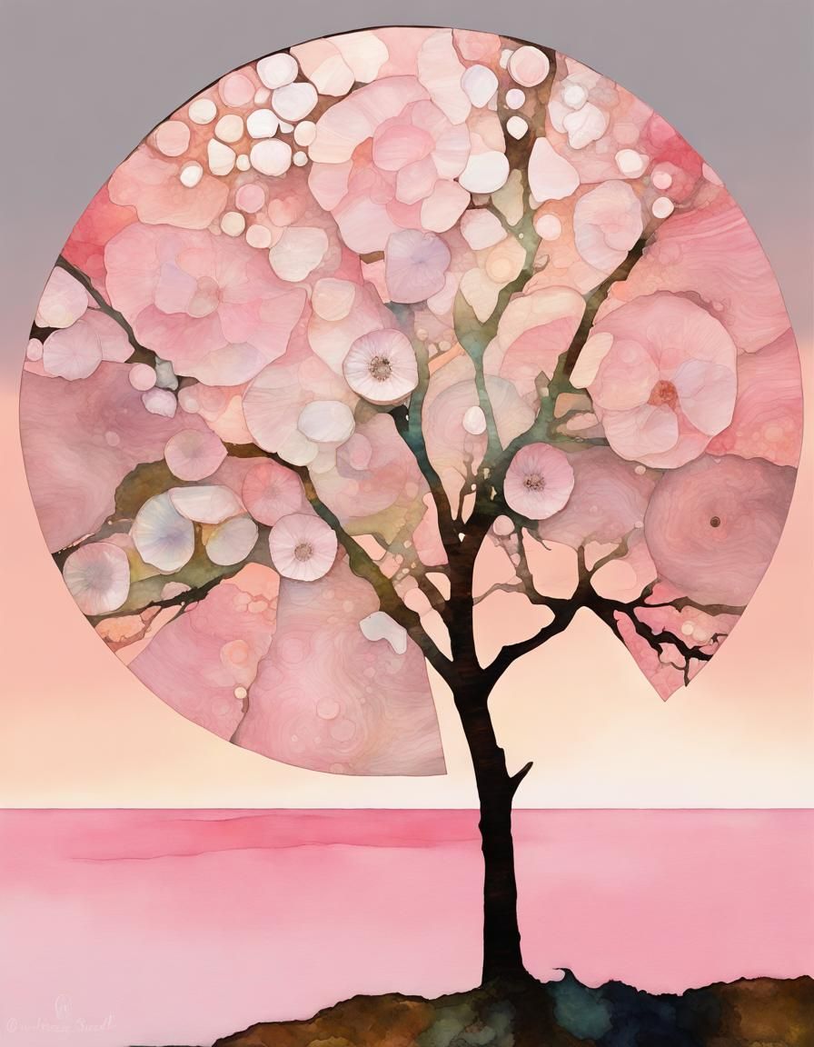 Ammonite Apple Tree in Abstract Watercolor Landscape
