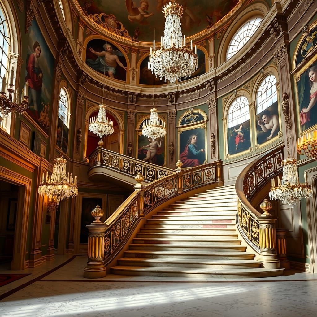 Baroque Grand Staircase with Gilded Banisters
