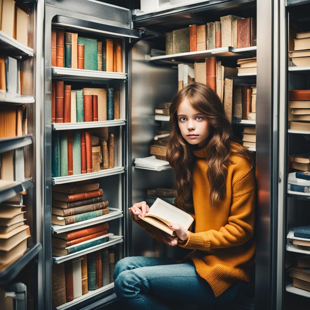 Girl in Freezer Surrounded by Books
