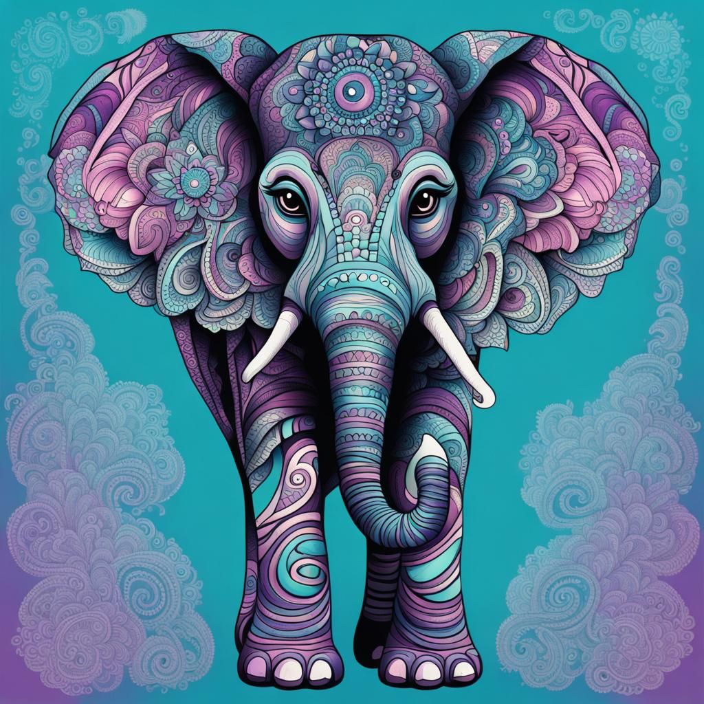 Psychedelic Elephant with Zentangle Mandala Details