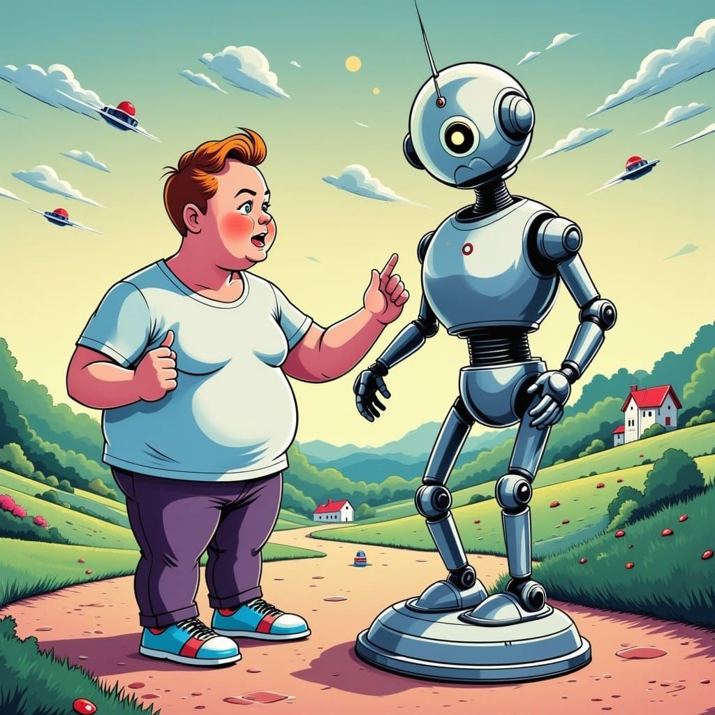 George Jetson and Malfunctioning Robot in Comic Style