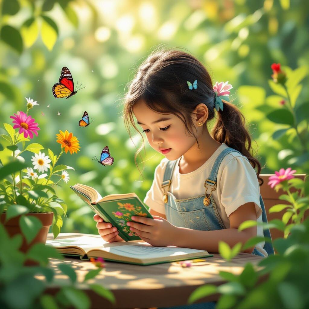 Young Filipina Girl Studies Plants with Butterflies