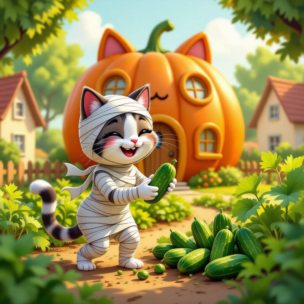 Whimsical Cat Mummy in Lush Garden with Pumpkin House