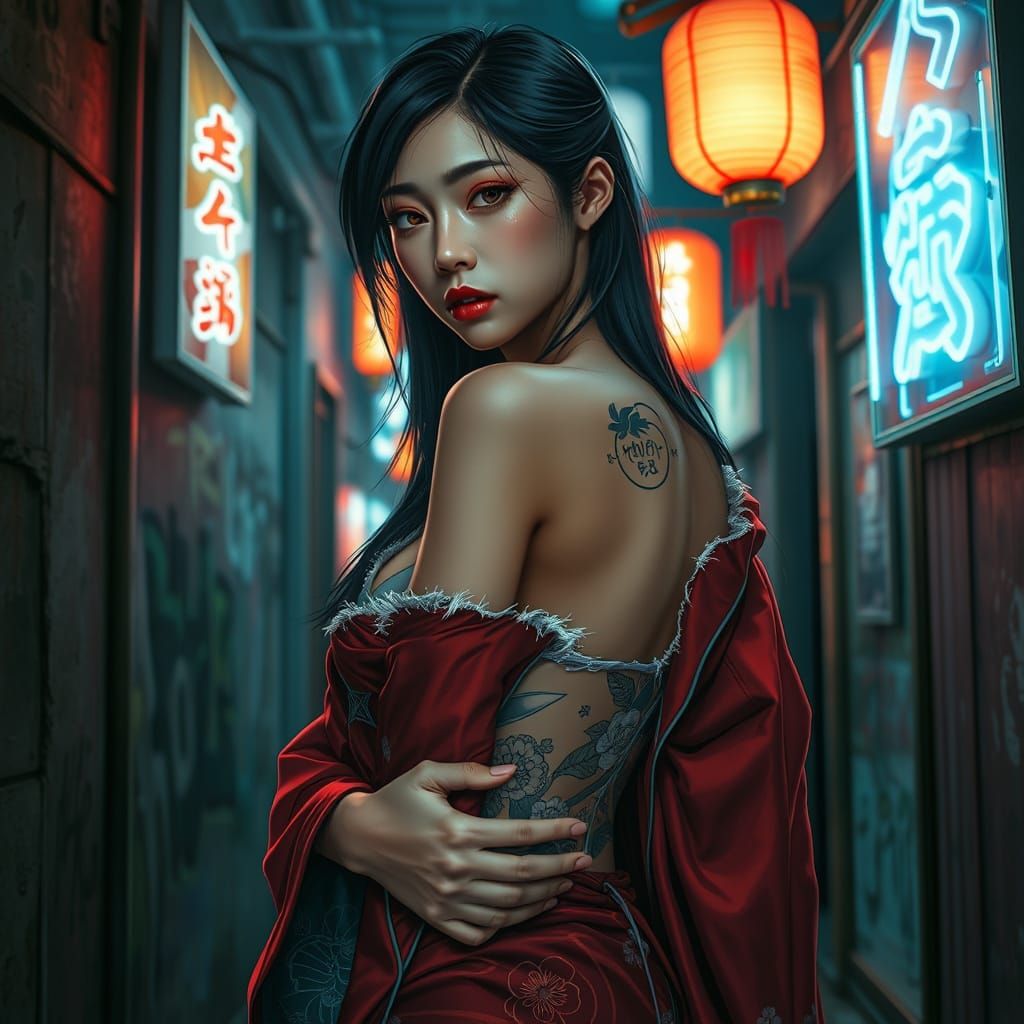 Cyberpunk Geisha's Sorrow in Neon Alley
