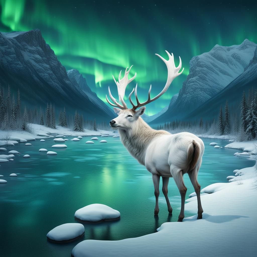 White Stag Drinks Under Aurora: Digital Matte Painting