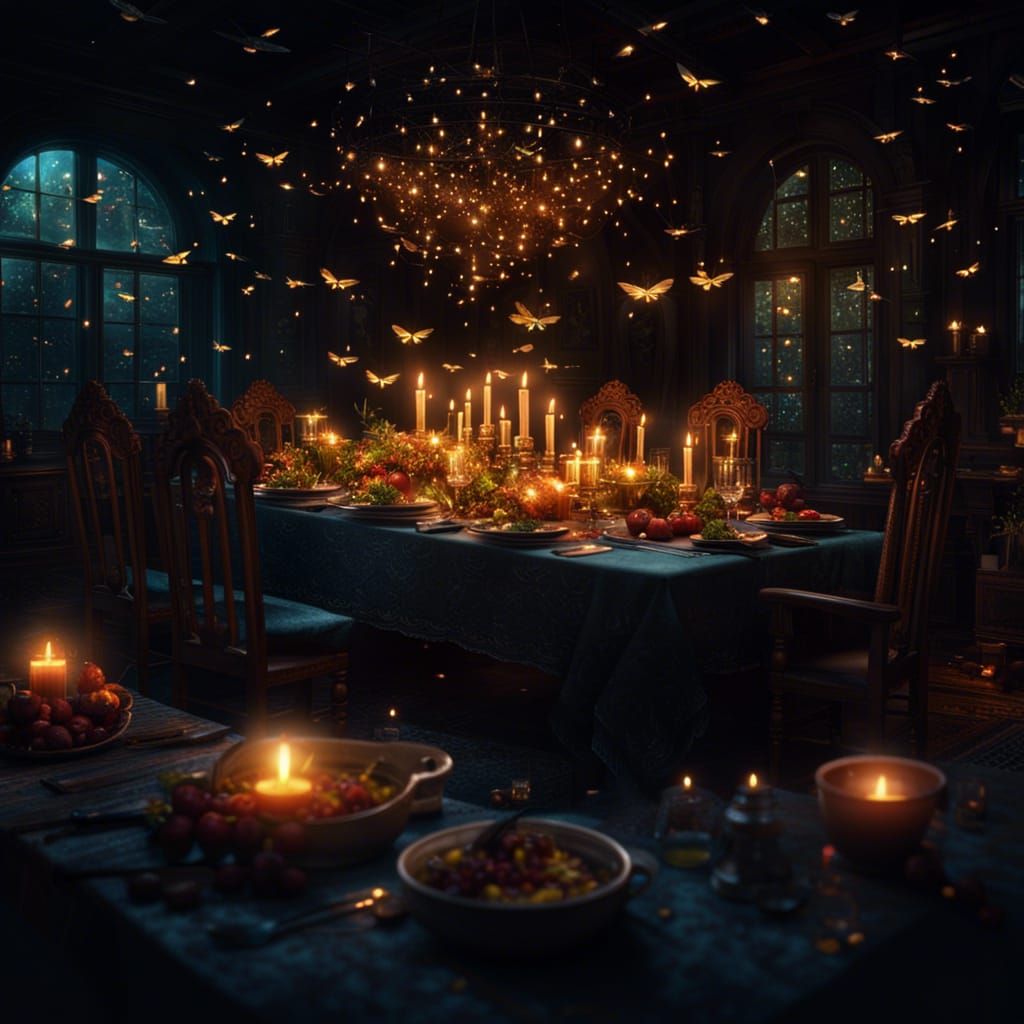 Candlelit Dinner with Fireflies in Digital Matte Painting