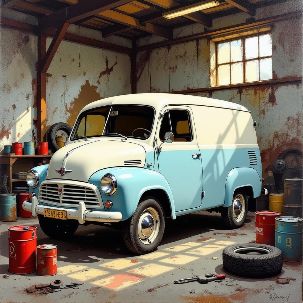 1950 Fiat Van in Abandoned Workshop Oil Painting