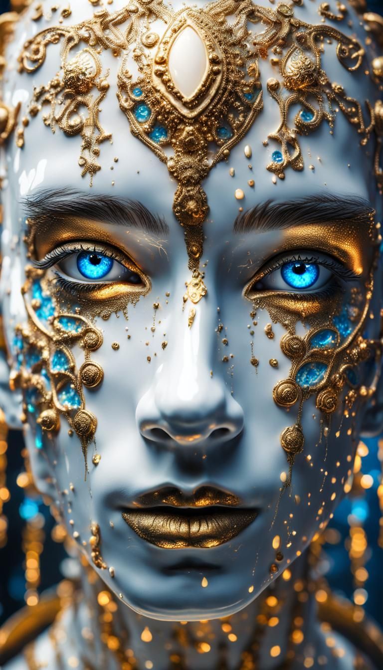 A white porcalin manquin with gold tears from neon blue eyes...
