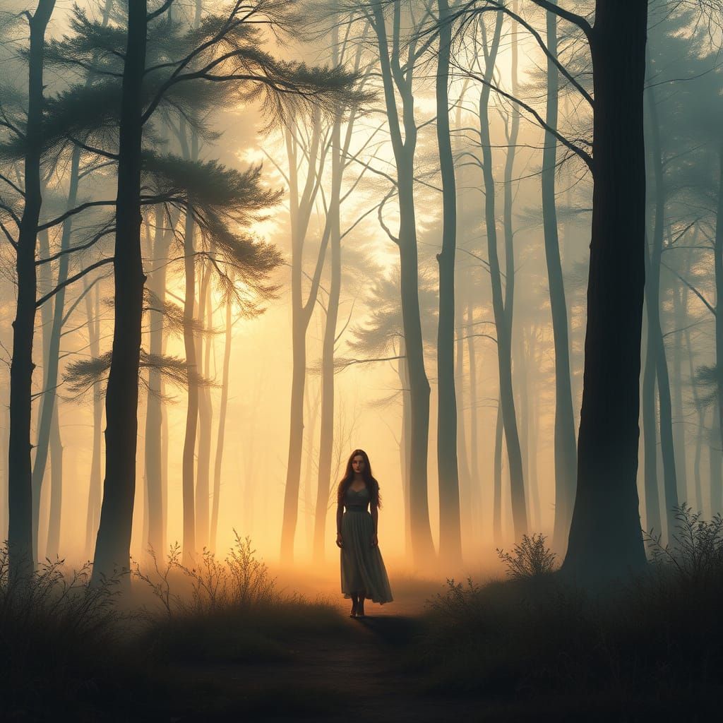 Woman in Dawn Forest, Evocative Painting