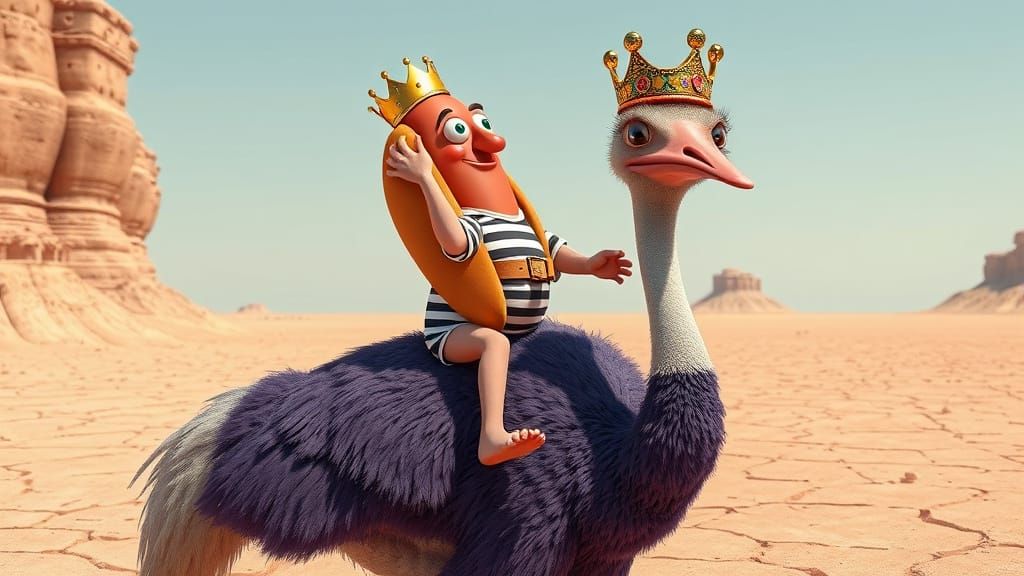 Comically Arrogant Hotdog Rides Purple Ostrich Across Surrea...