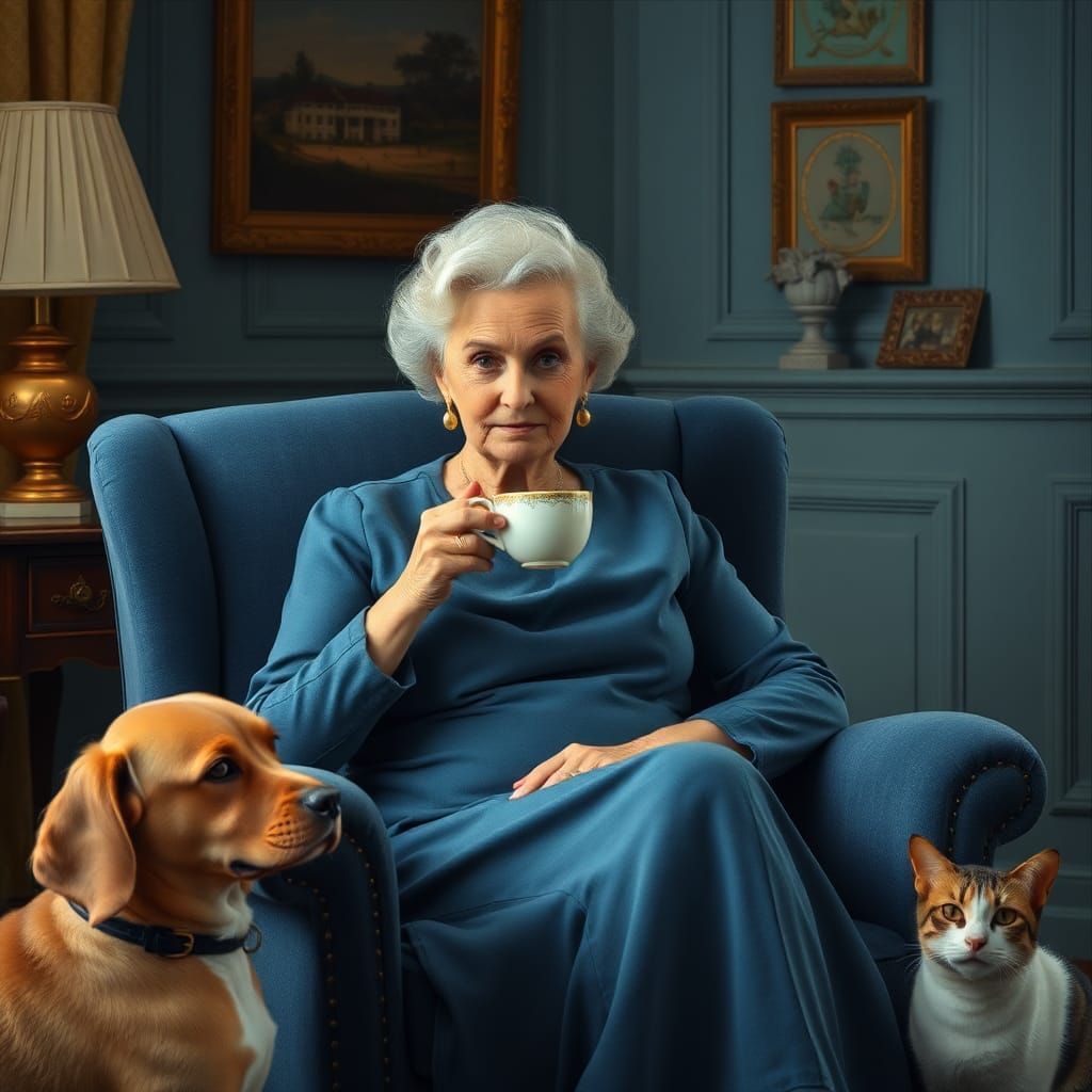 Grandmother Relaxing with Pets in Blue and Yellow Room