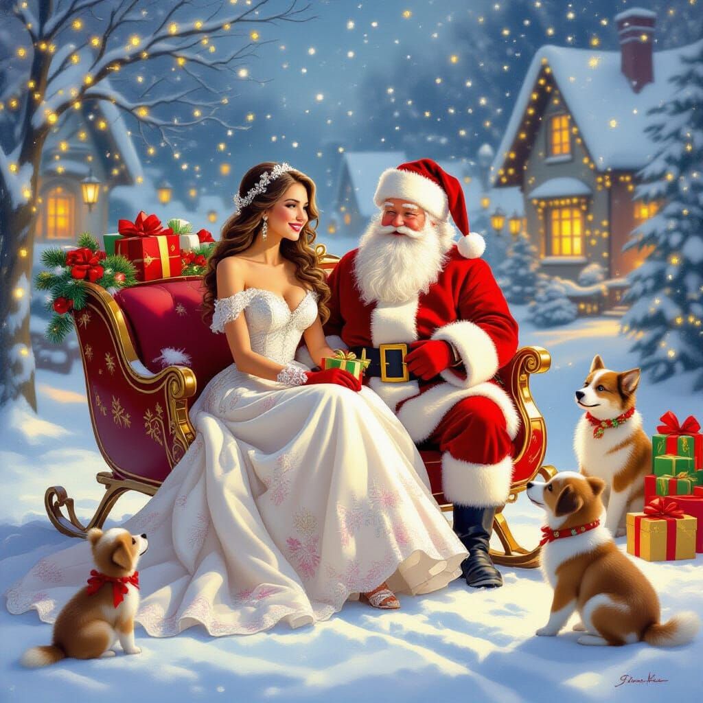 Magical Christmas Sleigh Scene with Festive Village